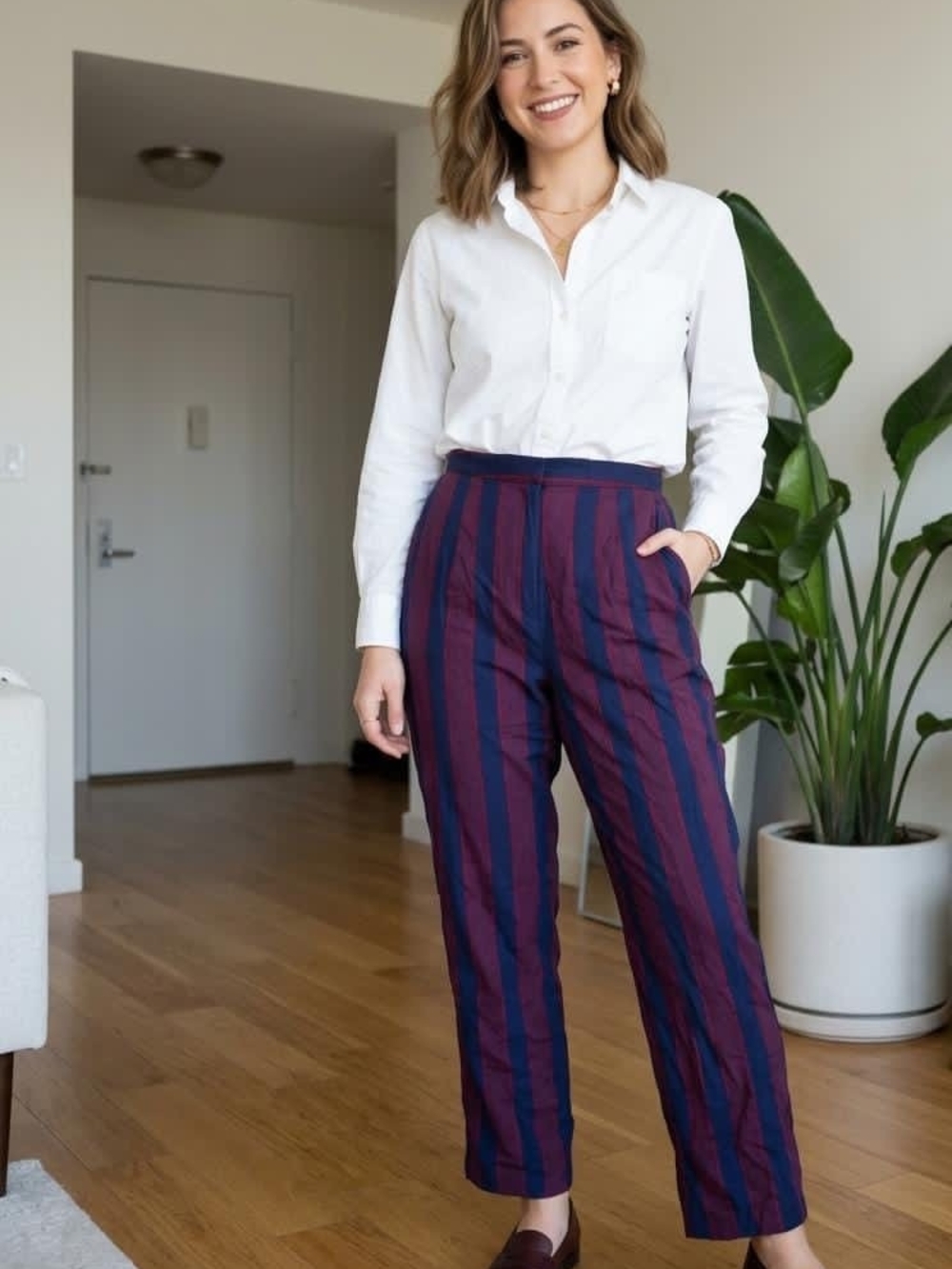 Express Navy and Burgundy Vertical Stripe Cropped Trousers • Size XL